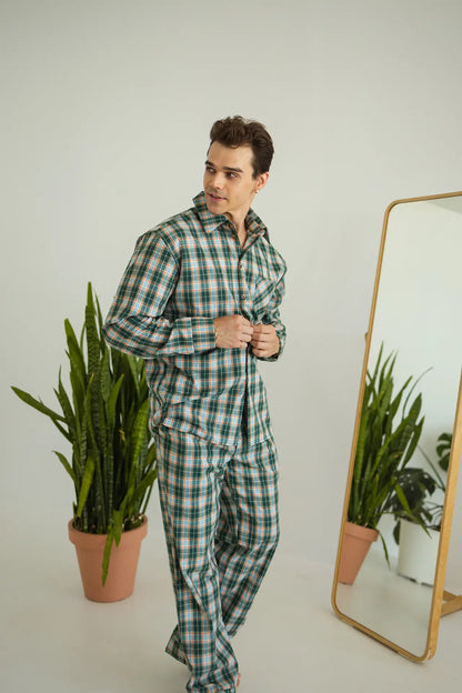 Комфортна чоловіча піжама в клітинку, байка, зелений, комплект сорочка + штани