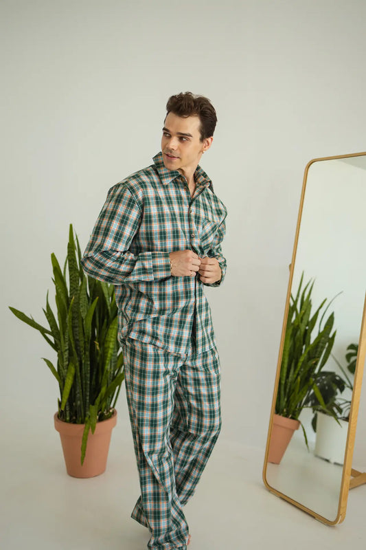 Комфортна чоловіча піжама в клітинку, байка, зелений, комплект сорочка + штани