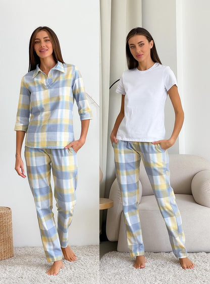 Жіночий комплект з фланелі трійка жовто-сіра клітинка