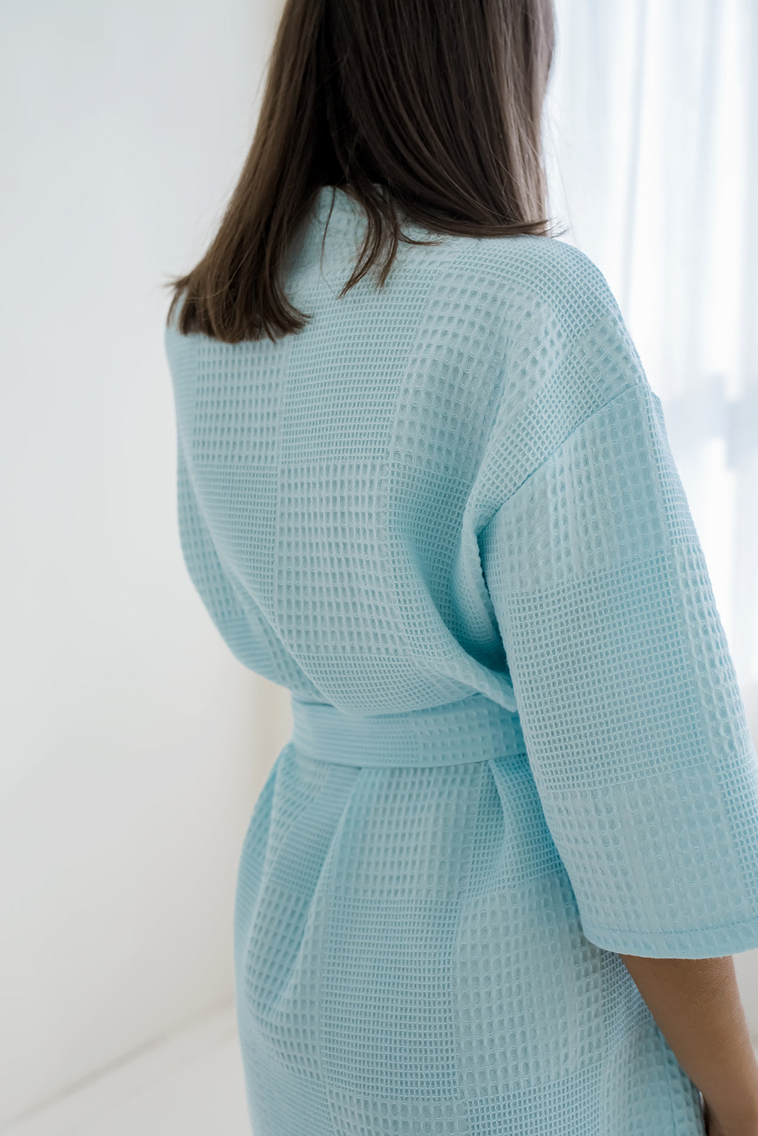 Жіночий вафельний халат-кімоно з бавовни ментольового кольору