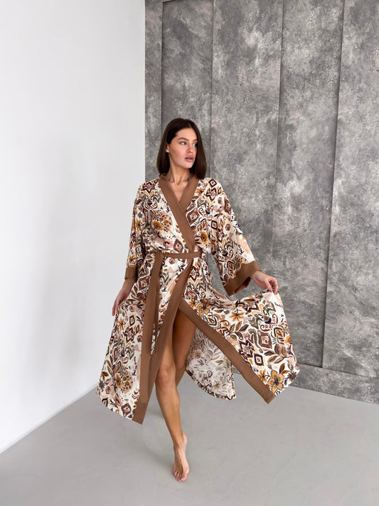 Жіночий довгий халат кімоно Boho Chic з віскози, колір кориця, модель Cinnamon Grove