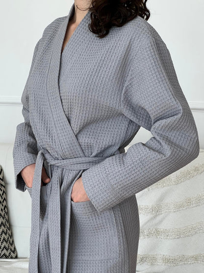 Жіночий довгий халат з вафельної бавовни, сірий