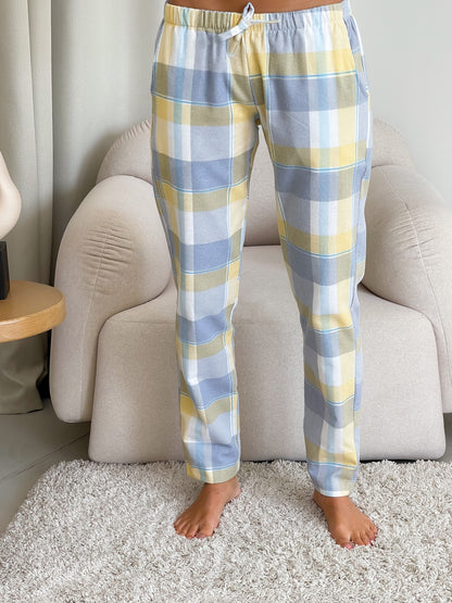 Жіночий комплект з фланелі трійка жовто-сіра клітинка