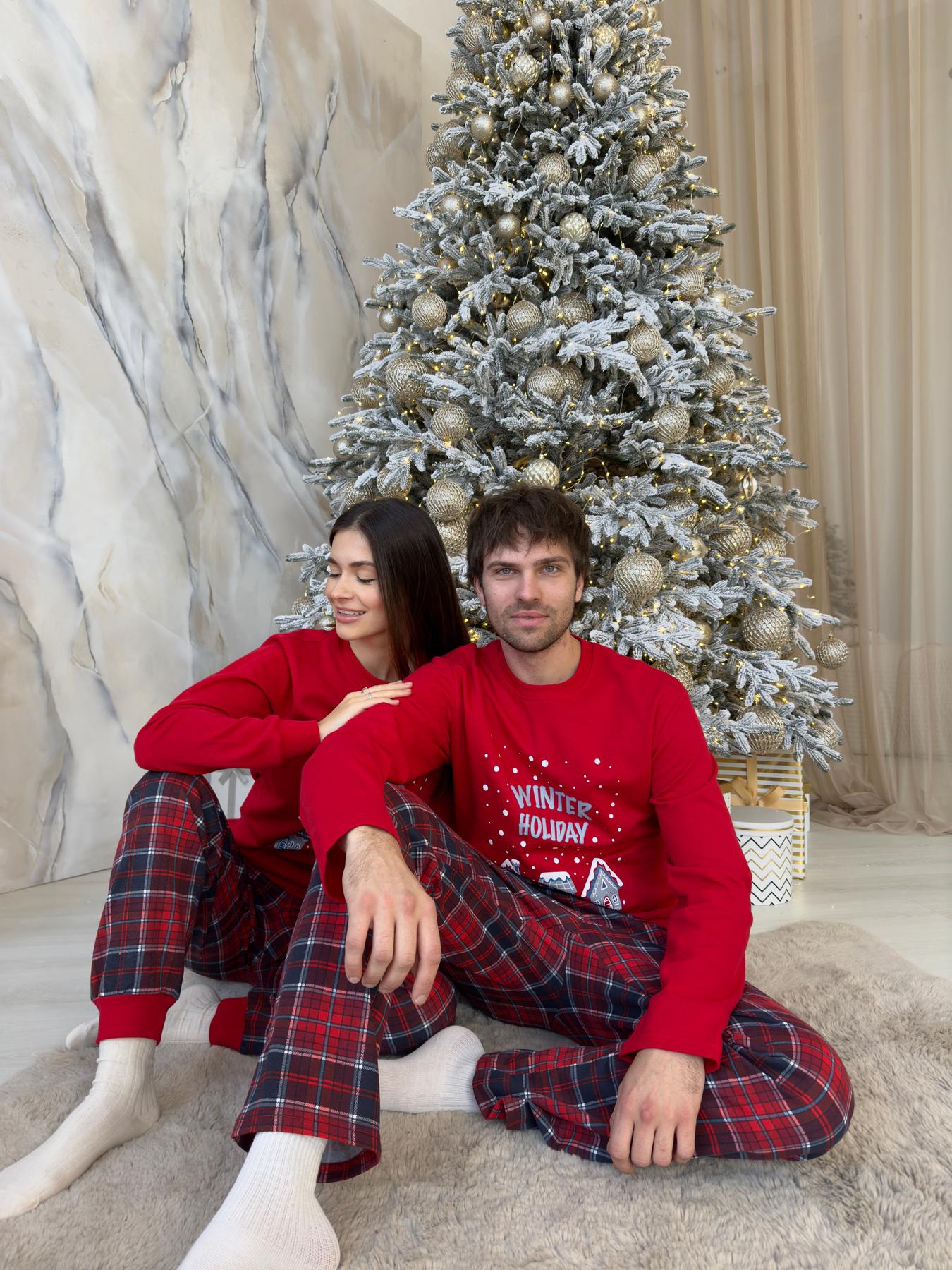 Чоловіча тепла піжама Winter Holiday червоно-синя клітинка з начосом