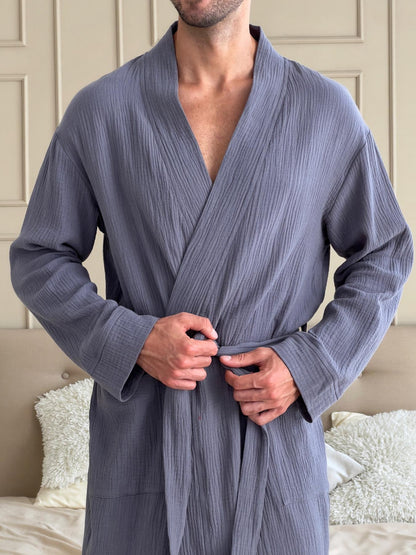 Чоловічий халат із мусліну темно-сірий з синім відтінком Estet