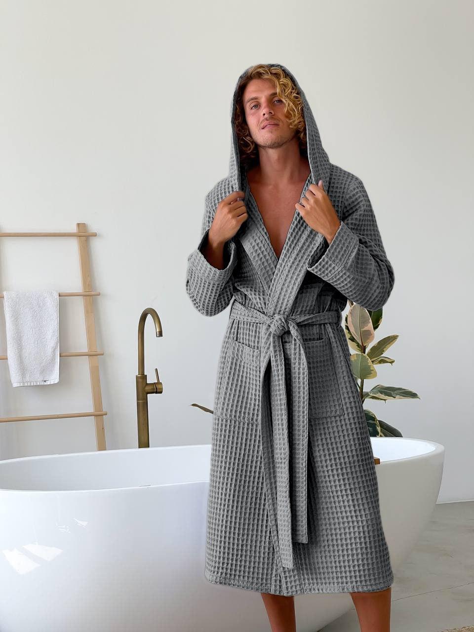 Чоловічий вафельний халат з капюшоном, темно-сірий, 100% бавовна, Грецька вафелька