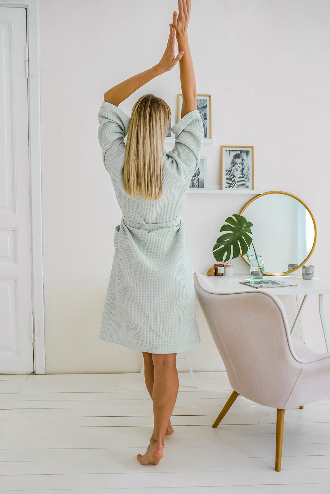 Жіночий вафельний халат з шалевим коміром, м'ятний