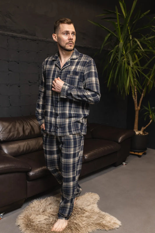 Чоловічі піжами: нова бавовняна піжама в клітинку, коричнево‑синій колір, сорочка та штани – флісова, тепла зимова піжама, прикольна та зручна