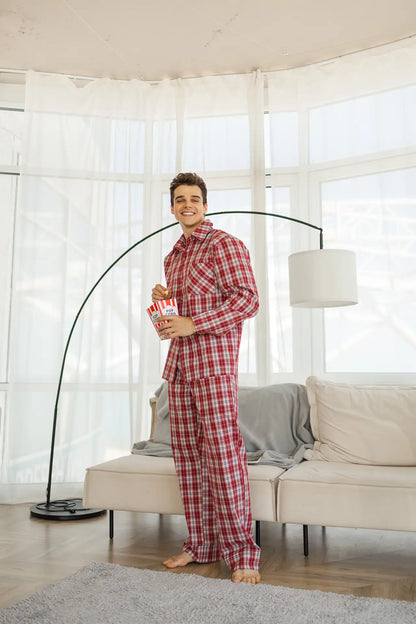 Парна чоловіча піжама в клітинку, байкова тканина,червоний , сорочка і штани  