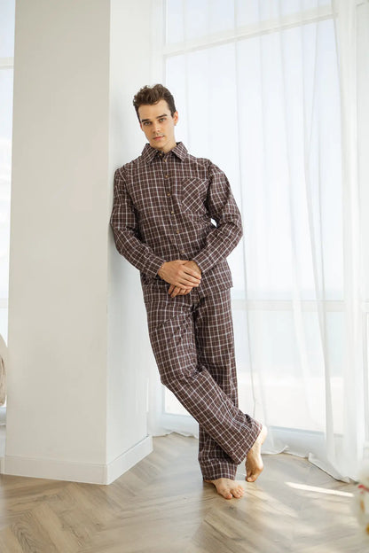 Парна чоловіча піжама в клітинку, байкова тканина,коричневий , сорочка і штани  

