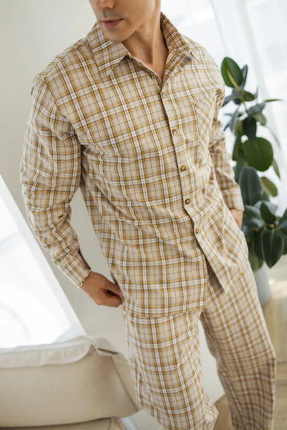 Комфортна чоловіча піжама в клітинку, байка, бежевий, комплект сорочка + штани