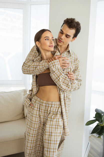 Парна чоловіча піжама в клітинку, байкова тканина, бежевий, сорочка і штани  