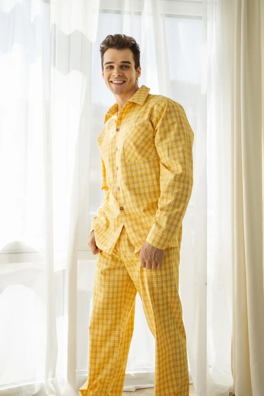 Парна чоловіча піжама в клітинку, байкова тканина,жовтий, сорочка і штани