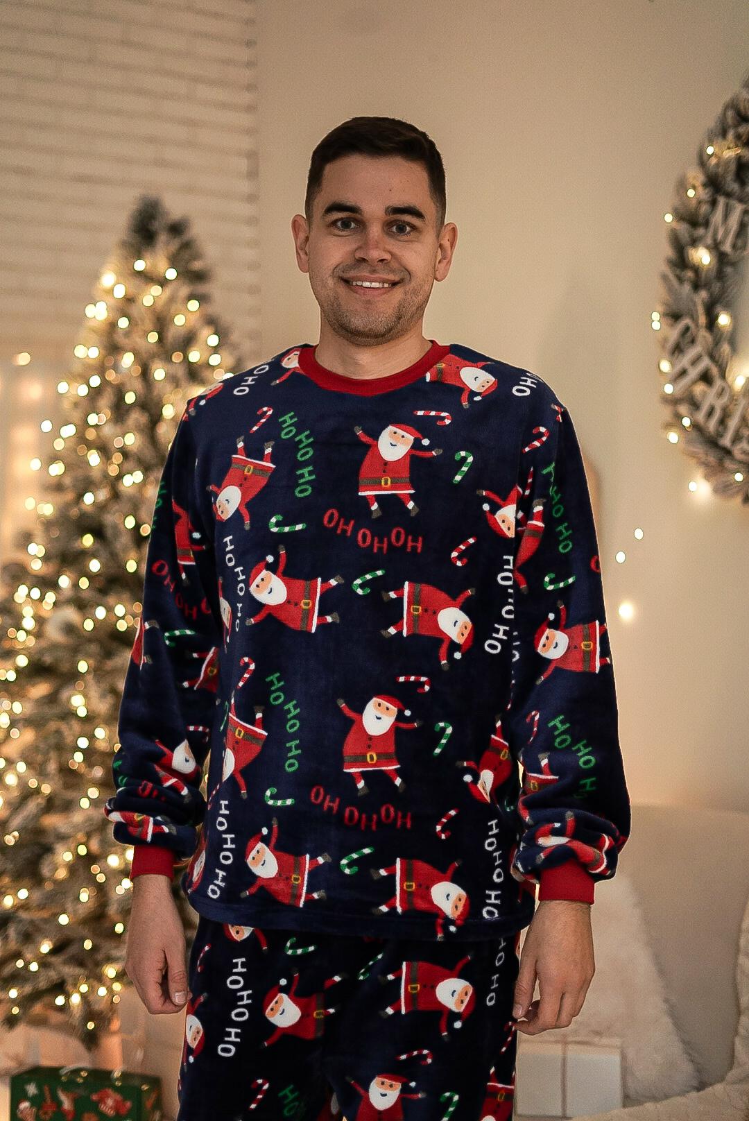 Чоловіча тепла піжама з велсофту "Santa", комплект сорочка і штани темно-синій з принтом Санта