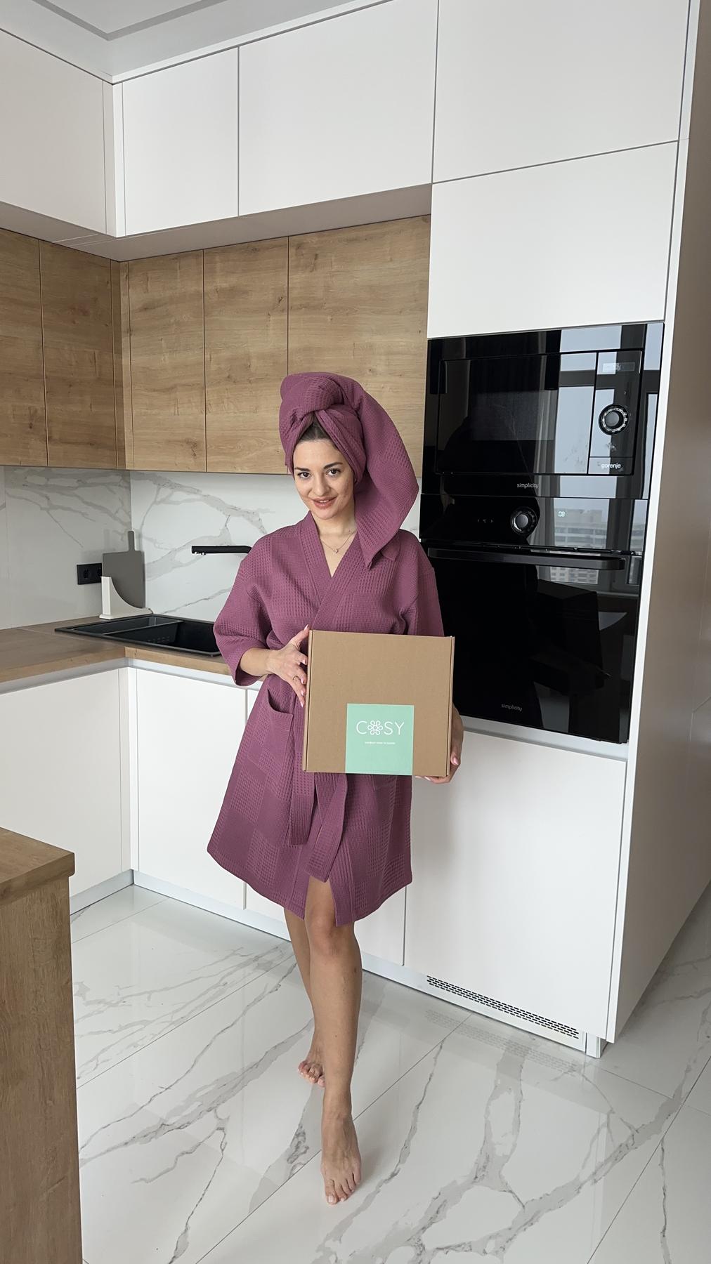 Жіночий подарунковий набір Мозаїка: халат і банний рушник з вафельної бавовни, рожевий терракот