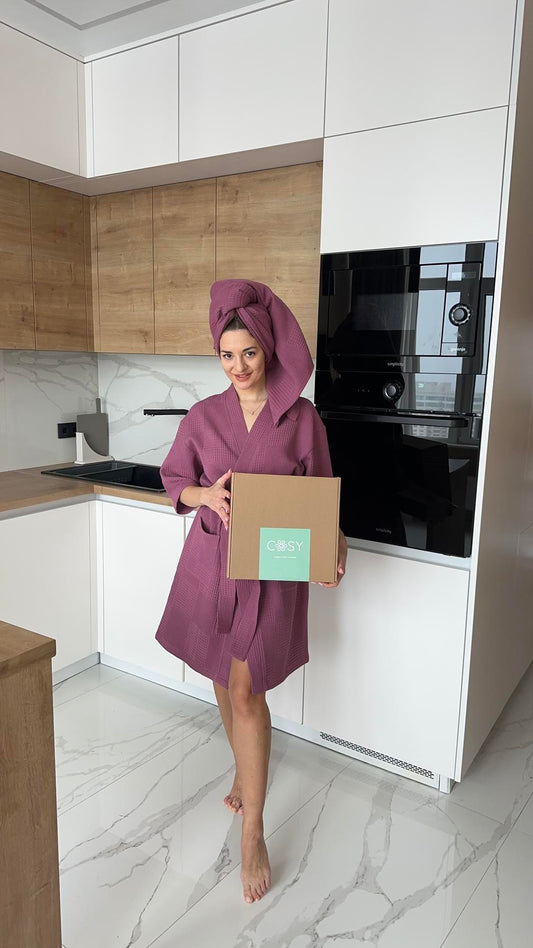 Жіночий подарунковий набір Мозаїка: халат і банний рушник з вафельної бавовни, рожевий терракот