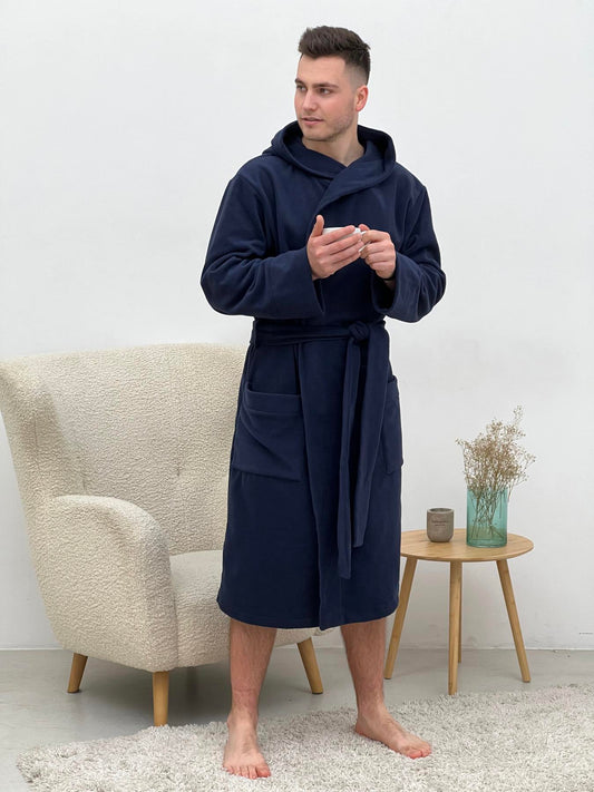 Чоловічий флісовий халат з капюшоном темно-синій