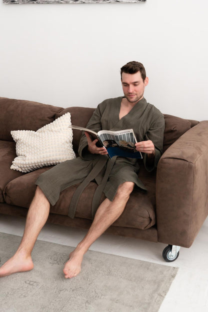 Чоловічий халат з фактурного мусліну Duna колір хакі