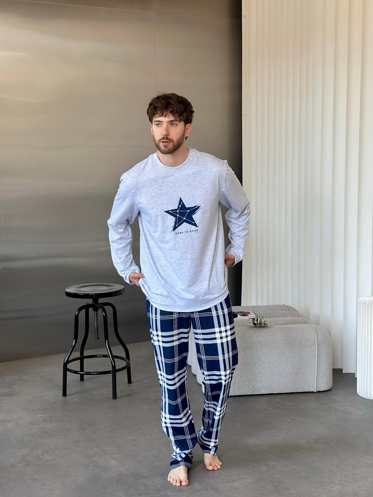 Піжама чоловіча комплект Born to Shine (штани+лонгслів), трикотаж сірий — фото 6