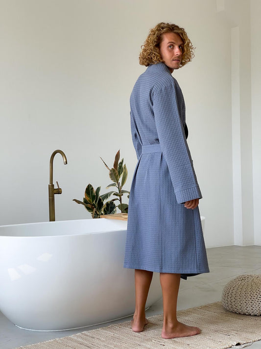 Чоловічий вафельний халат Маренго, 100% бавовна, блакитний