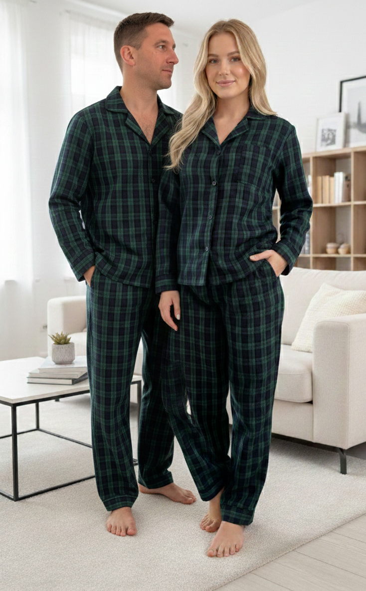 Жіночий піжамний комплект Бруклін зі сорочкою та штанами на ґудзиках, синьо-зелена клітинка