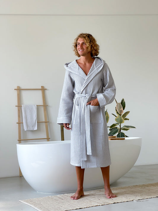 Чоловічий вафельний халат з капюшоном Грецька вафелька, світло-сірий