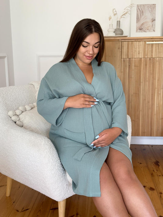 Жіночий халат для вагітних з мусліну, кімоно оливковий