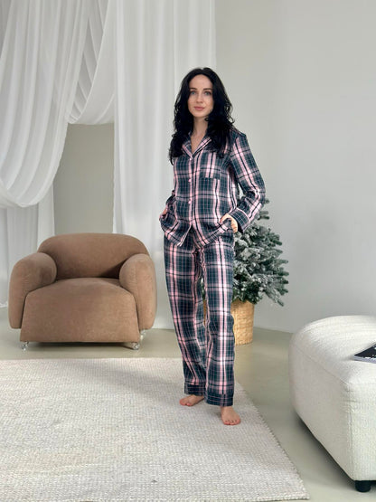 Жіноча піжама з фланелі у рожево-сіро-зелену клітку