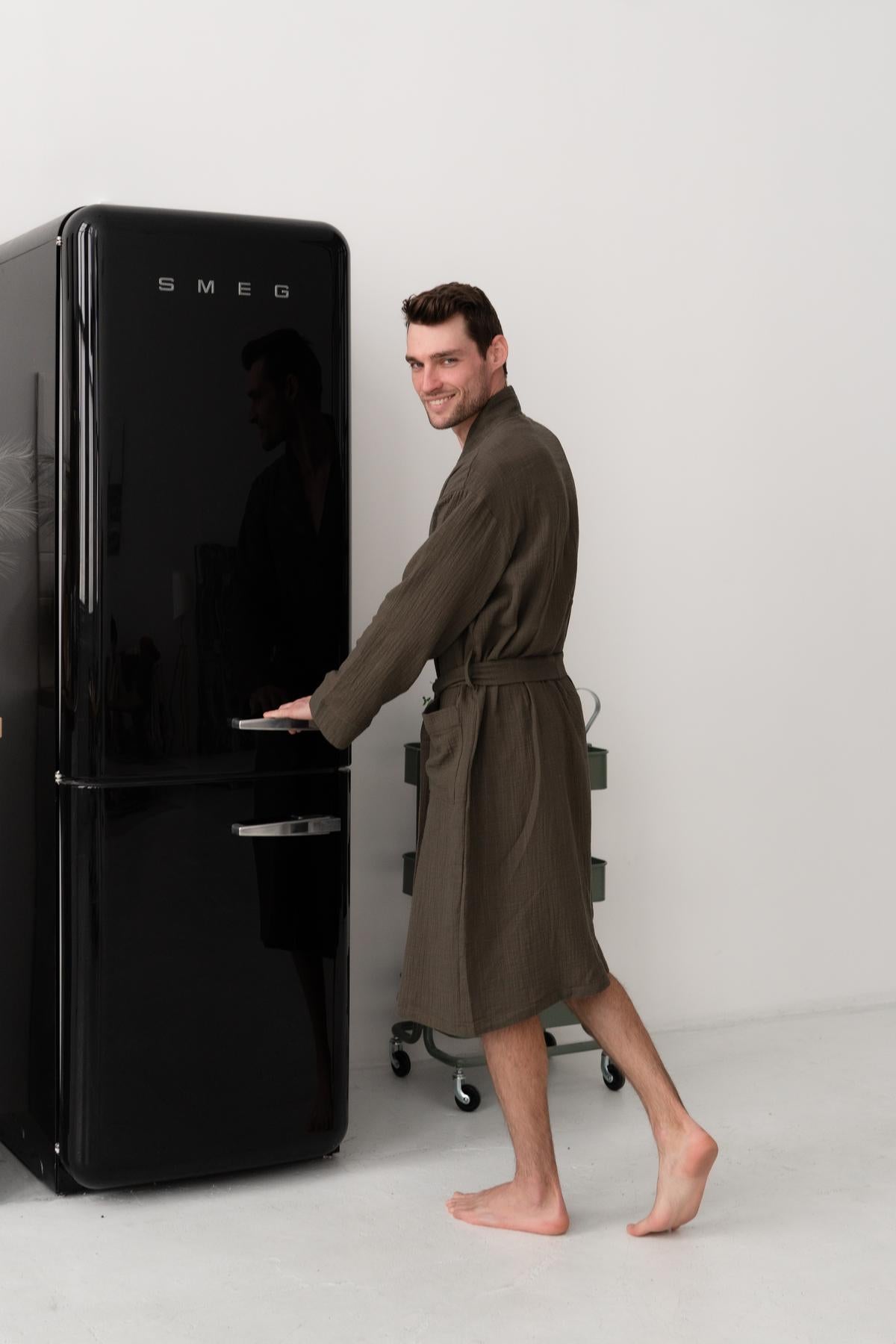 Чоловічий халат з фактурного мусліну Duna колір хакі