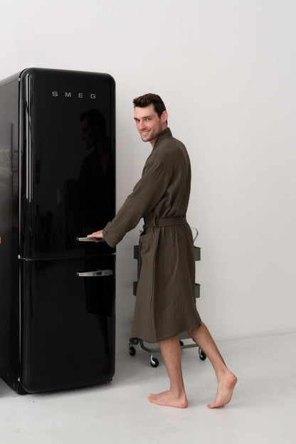 Чоловічий халат з фактурного мусліну Duna колір хакі