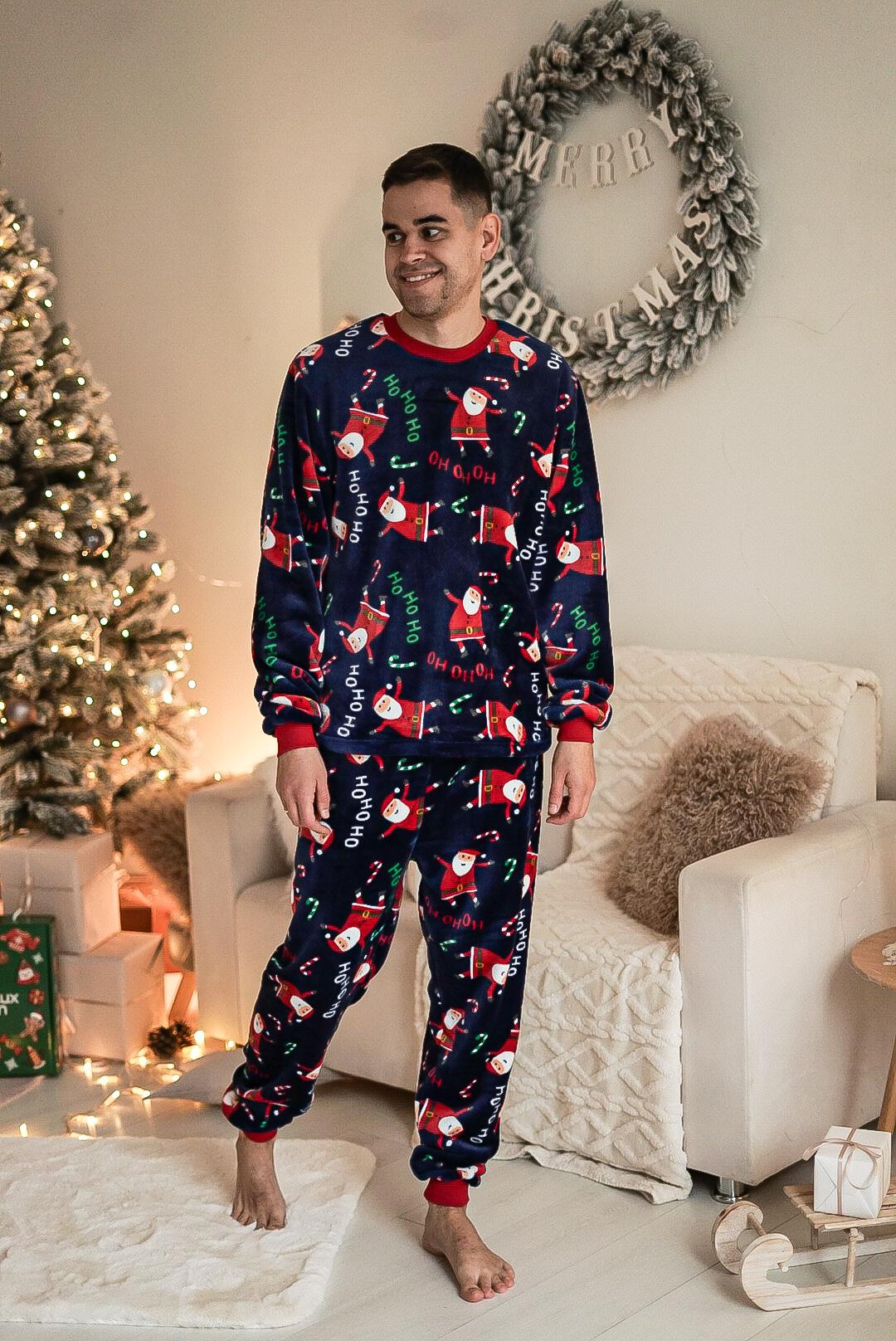 Чоловіча тепла піжама з велсофту "Santa", комплект сорочка і штани темно-синій з принтом Санта