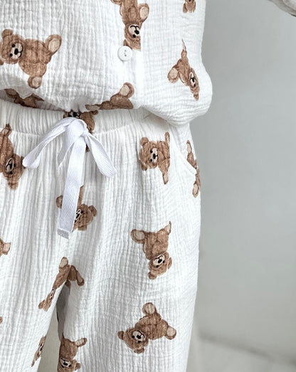 Жіноча піжама муслінова штани+сорочка ведмедики Teddy білий — фото 2