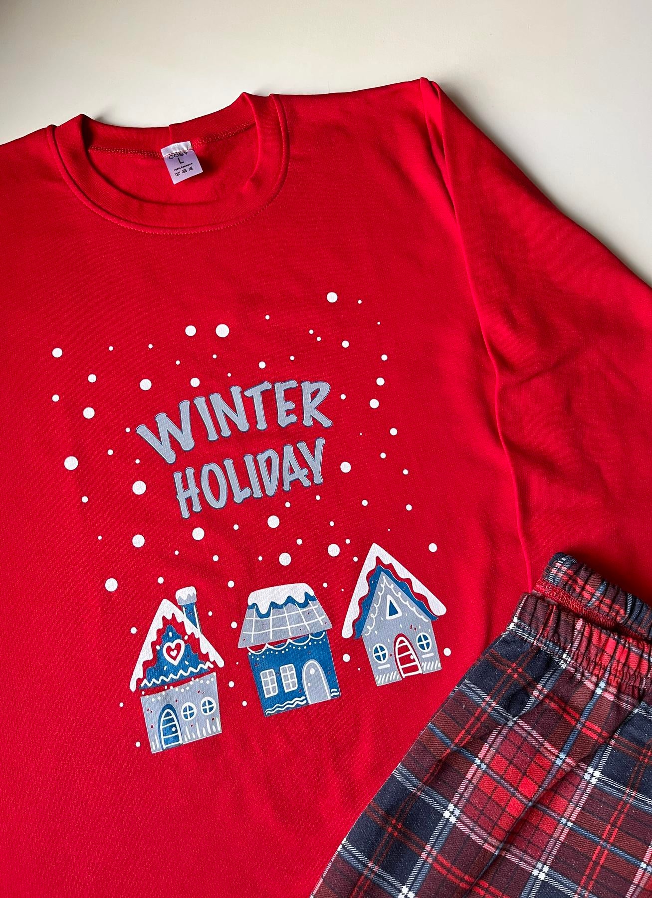 Жіноча тепла піжама Winter Holiday з начосом, комплект лонгслів і штани червоно-синя клітинка