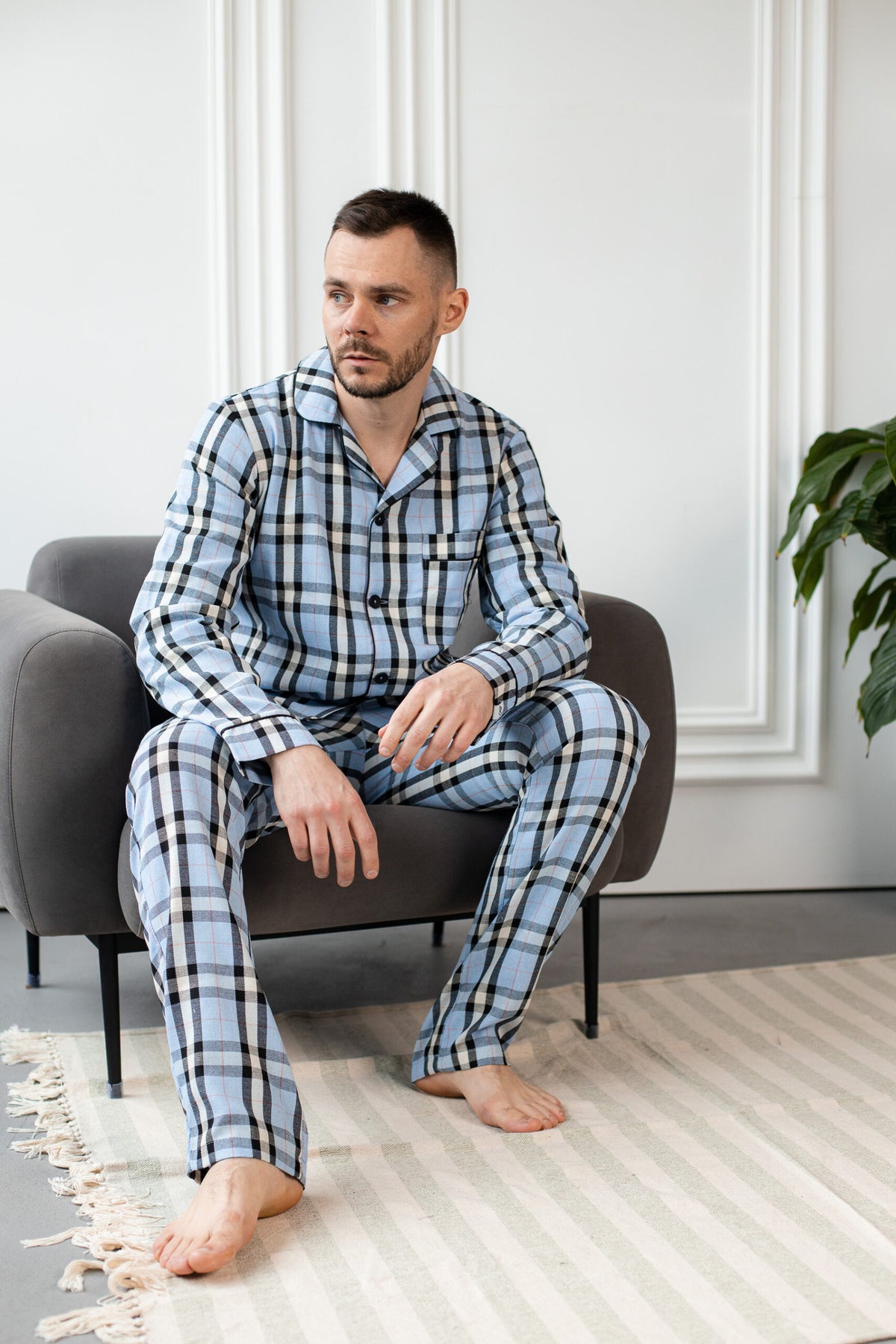 Чоловіча котонова піжама BOBRAND, колір блакитний (з штанами)