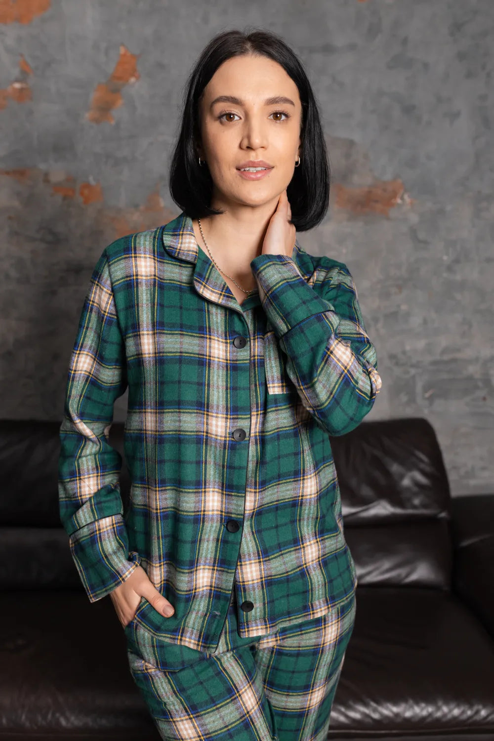 Затишна жіноча піжама в клітинку, зелений колір, котон люкс, довгий рукав + штани 