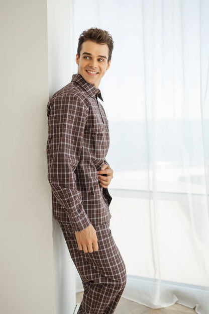 Комфортна чоловіча піжама в клітинку, байка, коричневий , комплект сорочка + штани  
