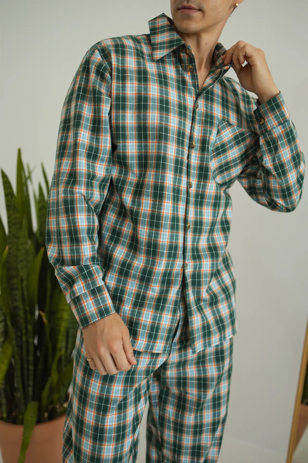 Піжама Чоловіча в клітинку, Сорочка та Штани. Тканина байка, колір зелениий клітинка