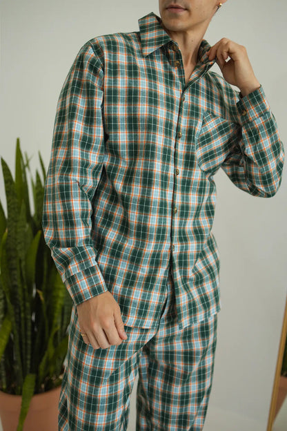 Піжама Чоловіча в клітинку, Сорочка та Штани. Тканина байка, колір зелениий клітинка