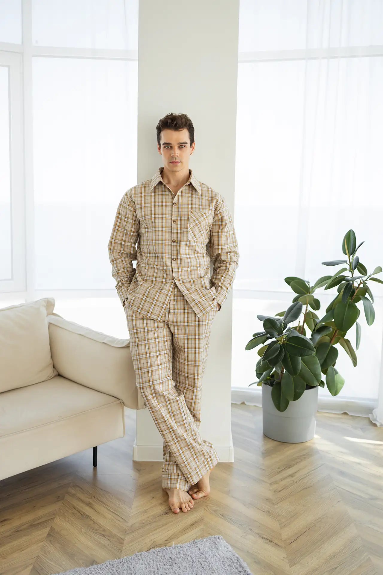 Парна чоловіча піжама в клітинку, байкова тканина, бежевий, сорочка і штани  