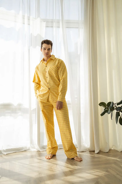  Комфортна чоловіча піжама в клітинку, байка, жовтий, комплект сорочка + штани 