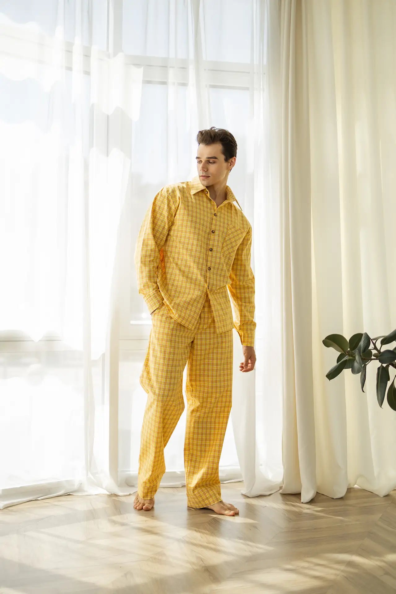 Чоловіча піжама в клітинку з байкової тканини, сорочка та штани, жовтий колір 