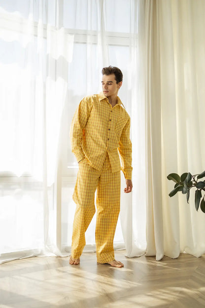 Чоловіча піжама в клітинку з байкової тканини, сорочка та штани, жовтий колір 