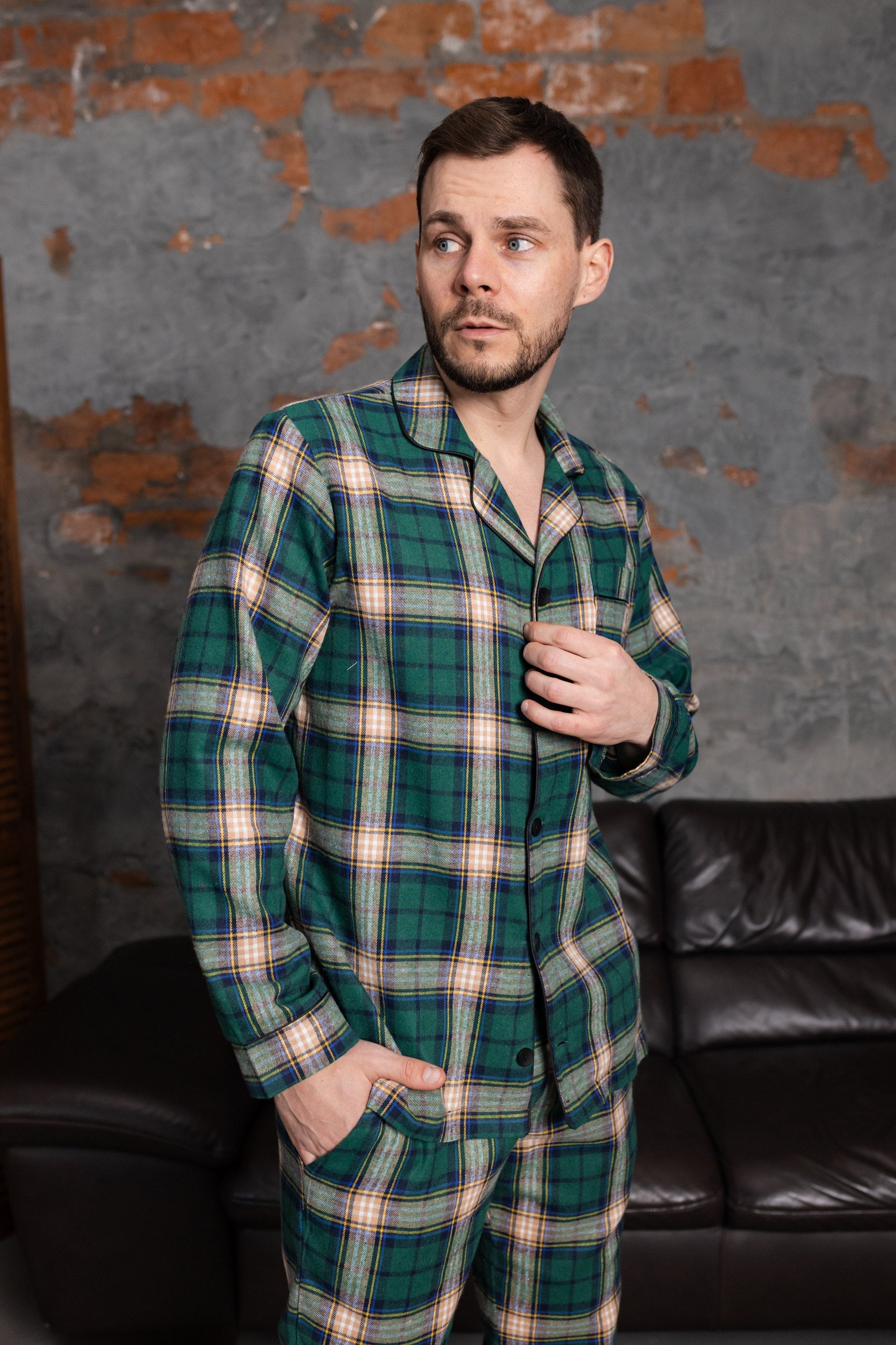 Чоловіча піжама в клітинку для новорічних фотосесій колір зелений