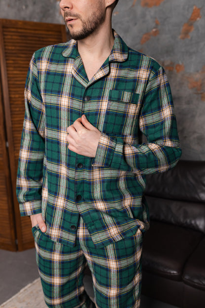 Тепла чоловіча піжама в клітинку, Сорочка та Штани. Тканина байка фланель, колір зелений