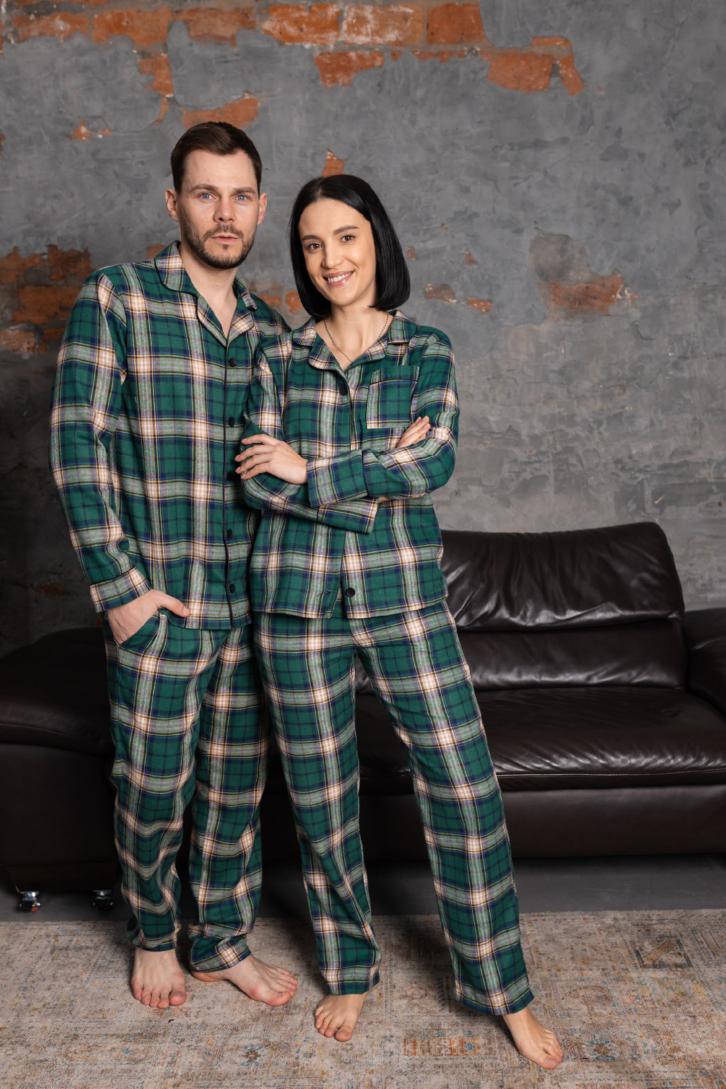 Тепла чоловіча піжама в клітинку, Сорочка та Штани. Тканина байка фланель, колір зелений