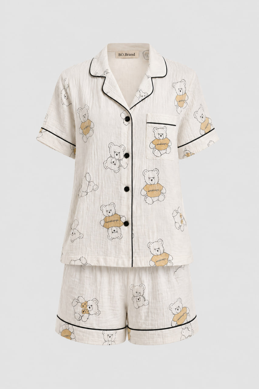 Жіноча муслінова піжама BOBRAND "Teddy bear" (з шортами, колір молочний)