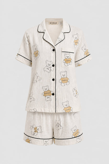 Жіноча муслінова піжама BOBRAND "Teddy bear" (з шортами, колір молочний)