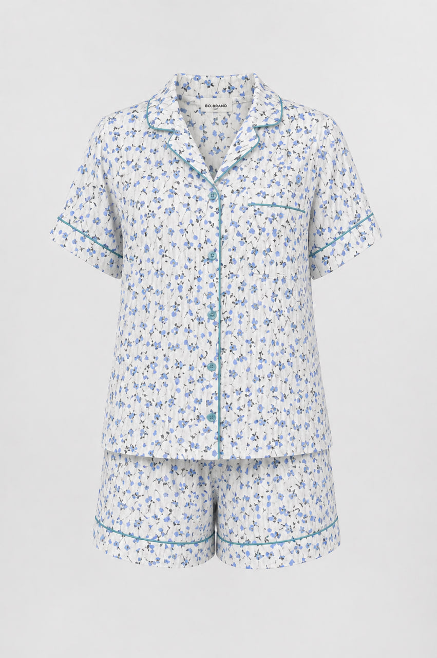 Жіноча муслінова піжама BOBRAND "Blue flowers" (з шортами, колір блакитний)
