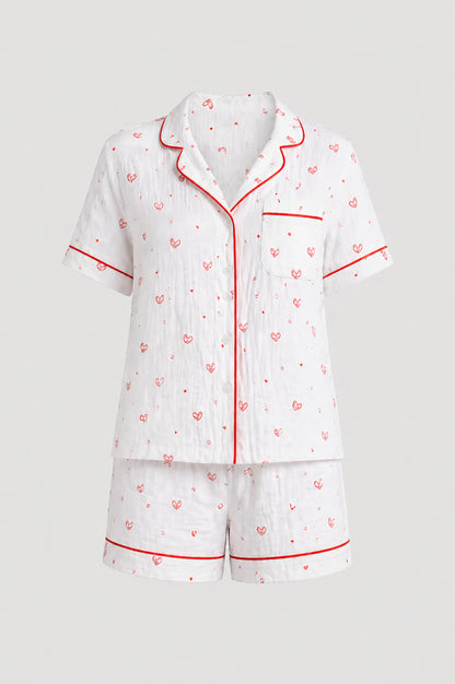 Жіноча муслінова піжама BOBRAND "Red heart" (з шортами, колір білий)