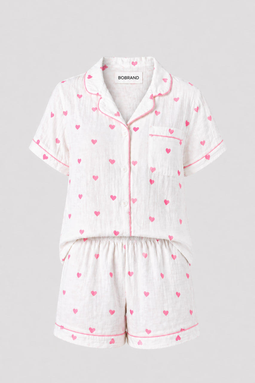Жіноча муслінова піжама BOBRAND "Little heart" (з шортами, колір білий)